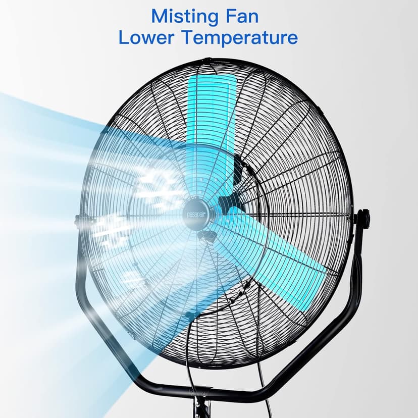 pasapair 7600 CFM 24" High Velocity Outdoor Misting Fan, Standing Fans for Patio Waterproof, Cooling Floor Fan 3-Speed, 360° Oscillation, Adjustable Height, 4 Casters, Heavy Duty Metal Industrial Fan