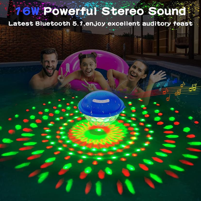 KingSom Bluetooth Pool Speaker,Floating Pool Speaker with Colorful Lights,Hot Tub Speakers IP68 Waterproof pool Speakers,16W Loud Stereo Sound Bluetooth speaker,TWS Pairing Floating speakers for Pools