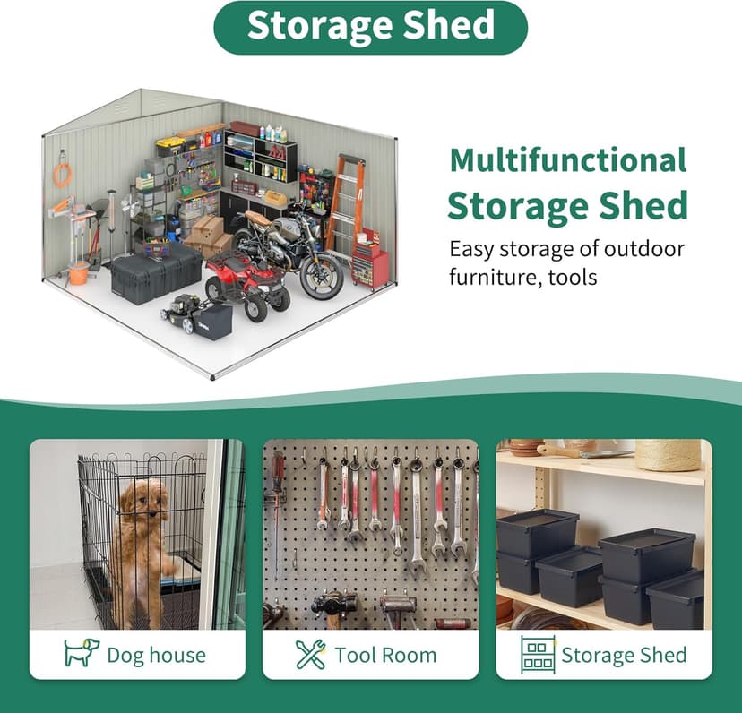 12x14 FT Outdoor Storage Shed, Metal Shed with Updated Frame Structure and Lockable Doors, Large Shed Upgrade Height Ideal for Garden, Backyard, Patio Utility and Tool Storage, White