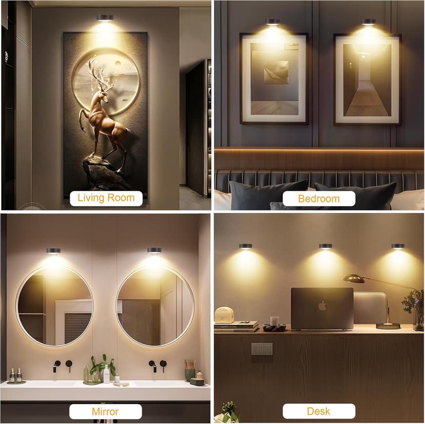 3Pcs Picture Lights for Wall Battery Operated, Magnetic Led Painting Light with Remote Dimmable and Timer, 3 Lighting Modes Art Display Light for Picture Frame, Wireless Wall Decor Puck Lights, Black