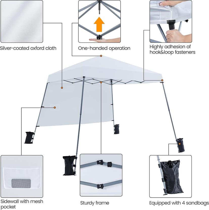 Yaheetech Pop Up Canopy Tent with Backpack, 10x10 Base Portable Easy One Person Setup Folding Shelter Compact Lightweight Slant Leg Canopy with 1 Sidewall, 8x8 Top, White