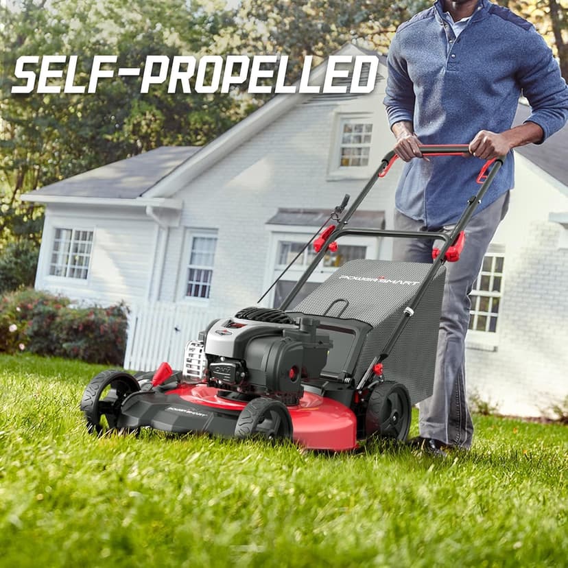 PowerSmart 21" 140cc Self Propelled Lawn Mower, 6-Position Adjustable Cutting Height, 3-in-1 with Mulching. Side Discharge. Rear Bagging, Easy Start