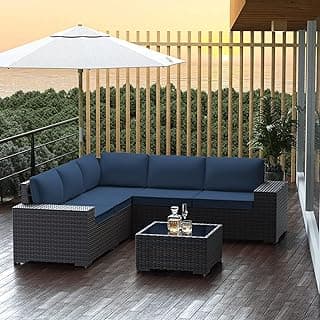 Outdoor Patio Furniture Set, 6 Pieces Outdoor Furniture All Weather Patio Sectional Sofa PE Wicker Modular Conversation Sets with Coffee Table,5 Chairs & Seat Clips Dark Blue