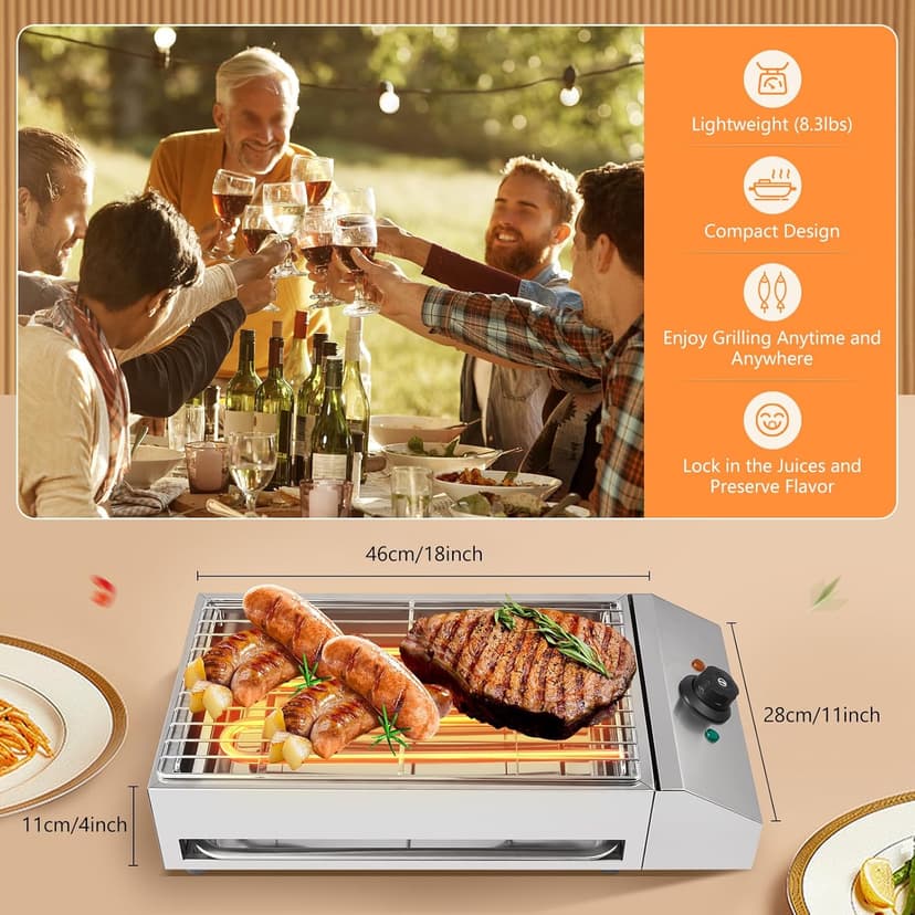 Smokeless Indoor Grill, 1800W Electric Grill with Adjustable Temperature 122°F-302°F and Removable Stainless Steel Griddle, Perfect for Restaurant, Camping, or Party Use