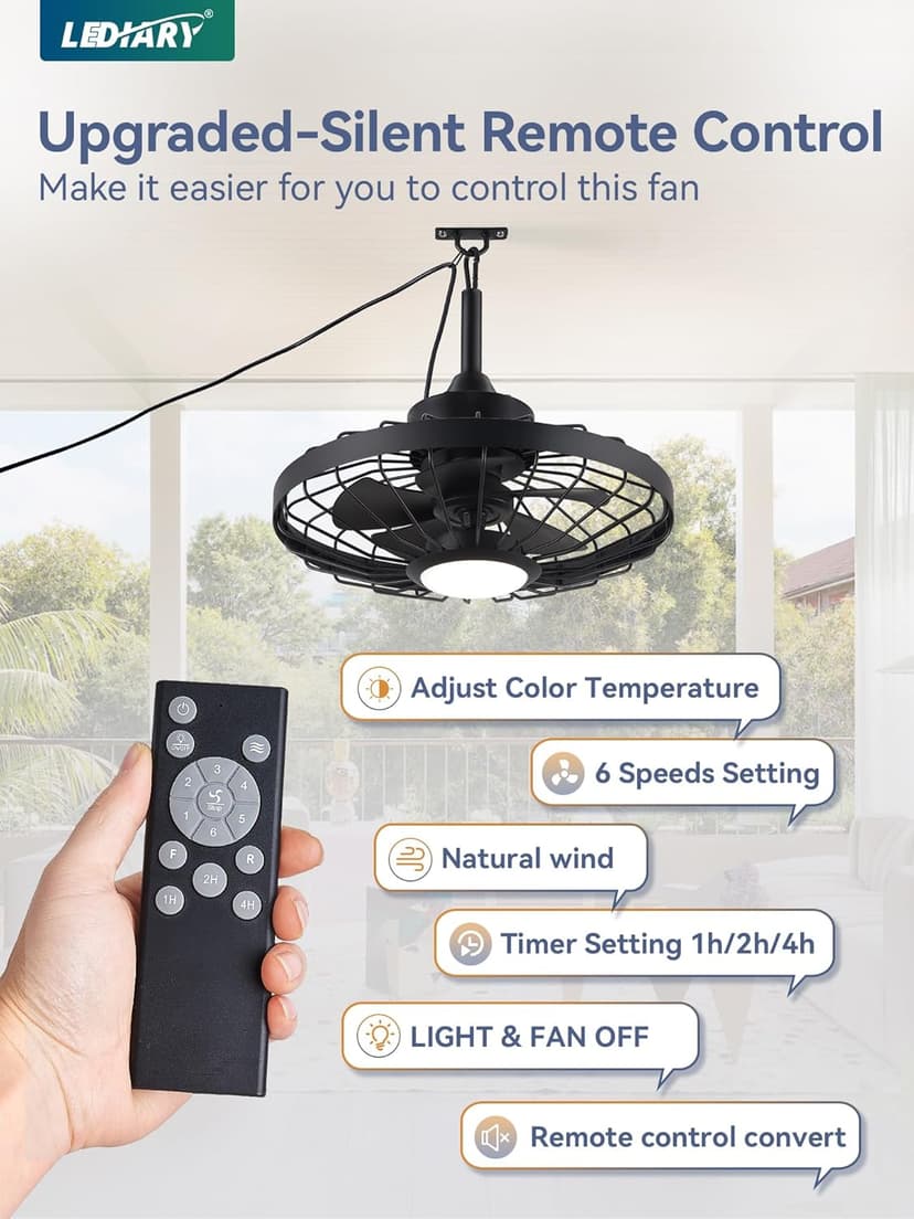 LEDIARY 20" Outdoor Ceiling Fans with Lights and Remote Control, Waterproof Caged Ceiling Fan with 3 Color LED Light,Portable Hanging Gazebo Fan with Plug in Cord Hook for Patios,Black