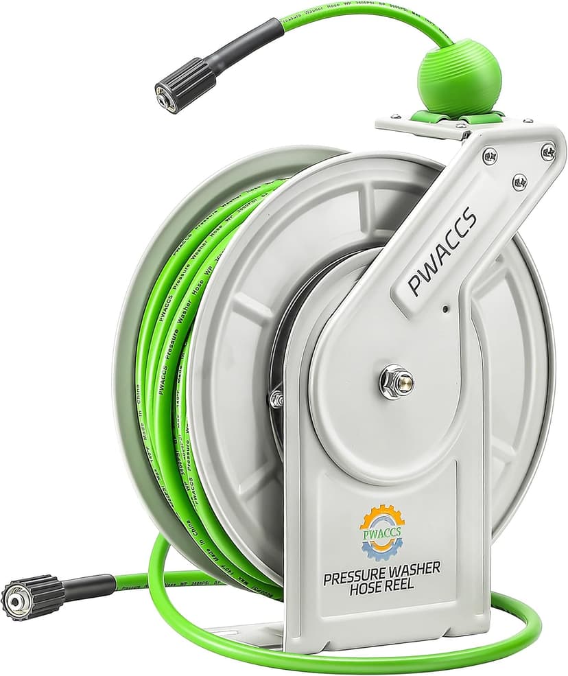 PWACCS Retractable Pressure Washer Hose Reel, 1/4" x 60ft Heavy Duty Power Washer Hose Reel, High Pressure Reel Auto Rewind, Wall/Floor Mounted, 3600 PSI