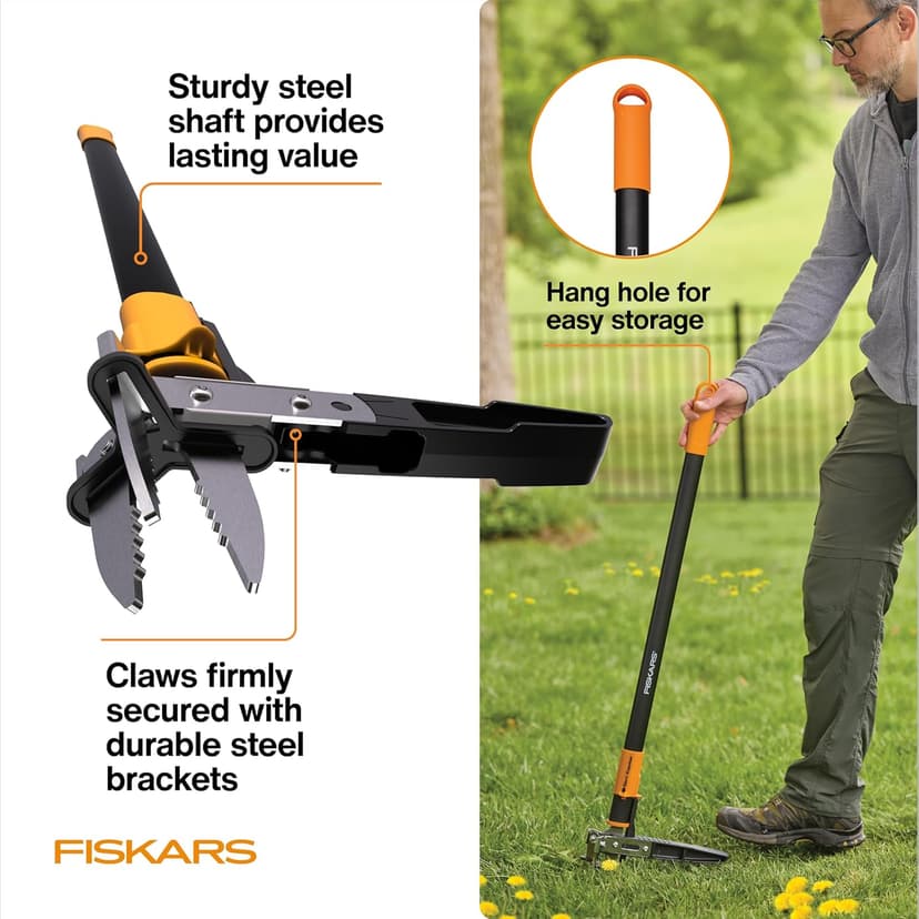 Fiskars 3-Claw Stand Up Weed Puller Tool, Gardening Weeder, Hand Weeding Tool with 39" Long Ergonomic Handle with Easy-Eject Mechanism