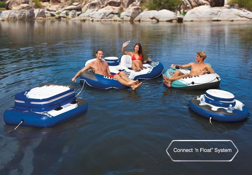 INTEX 58825EP River Run 1 Inflatable Floating Lounge: Comfortable Backrest – Built-in Cup Holders – Durable Grab Handles – All Around Grab Rope – 220lb Weight Capacity– Blue