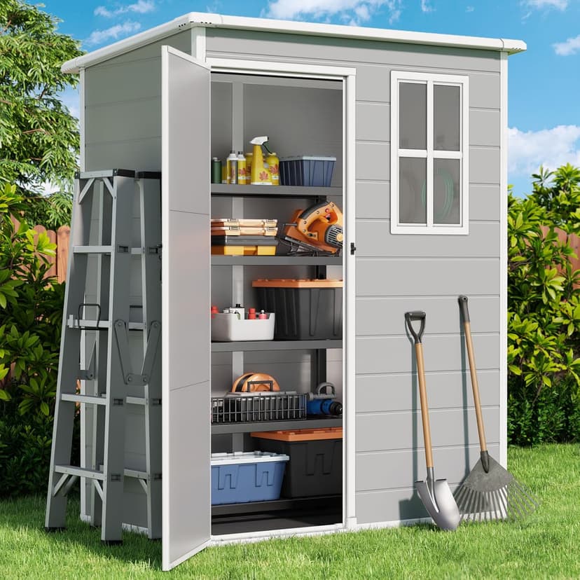 Gizoon 5X3 FT Resin Outdoor Storage Shed, Plastic Garden Sheds with Floor to Store Patio Furniture, Gardening Tools, Outside Patio Storage House with Lockable Door for Backyard, Lawn, Grey