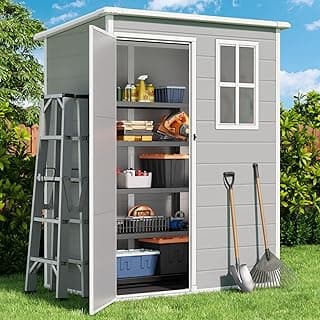 Gizoon 5X3 FT Resin Outdoor Storage Shed, Plastic Garden Sheds with Floor to Store Patio Furniture, Gardening Tools, Outside Patio Storage House with Lockable Door for Backyard, Lawn, Grey