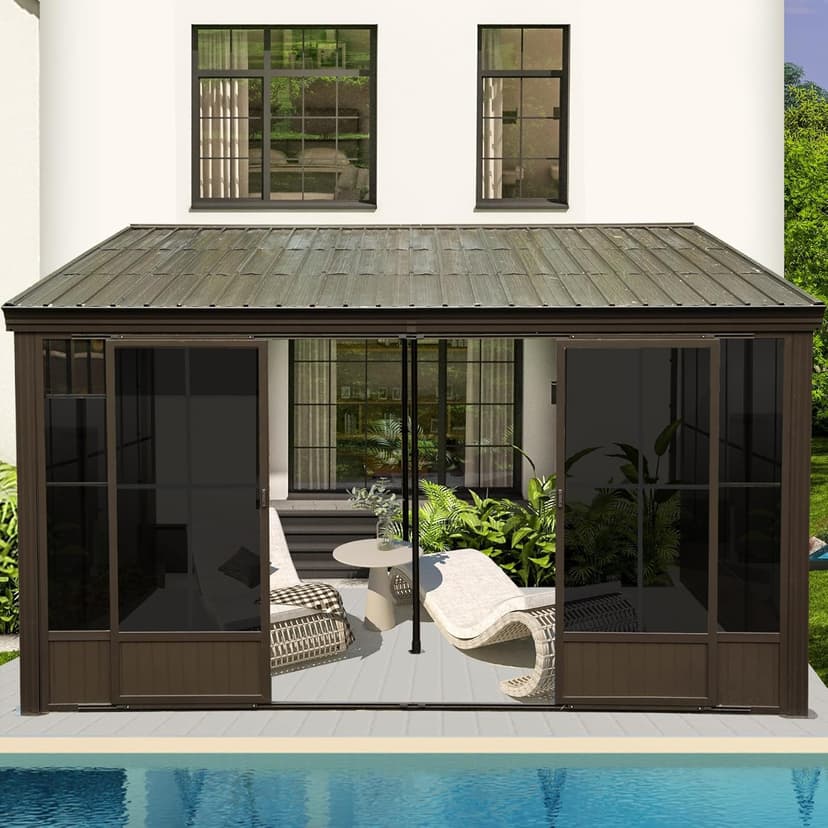 Domi 10'x12' Wall Mounted Sunroom Kit, Small Patio Solarium All Season, Aluminum Enclosed Gazebo with Galvanized Steel Roof, 2 Sliding Doors, Removable PVC Screen, Lean to Sun Room for Backyard, Deck