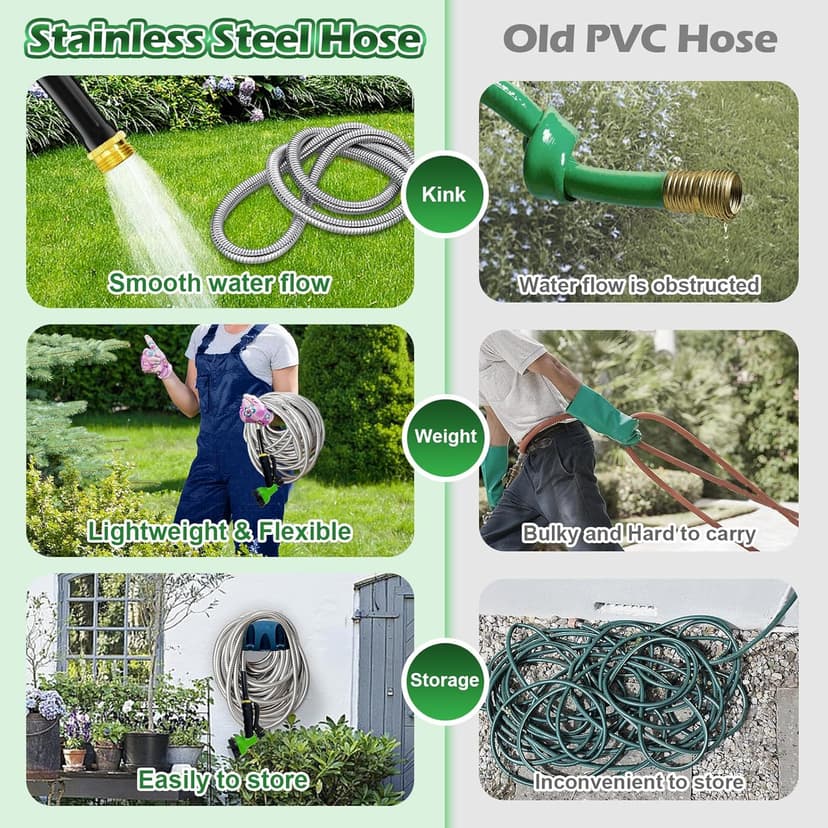 Garden Hose 100 ft - Stainless Steel Water Hose 100ft with 10 Function Nozzle, No Kinks & No Tangles, Flexible, Lightweight, Puncture & Rust Proof Metal Garden Hose for Yard, RV, Garden, Outdoor