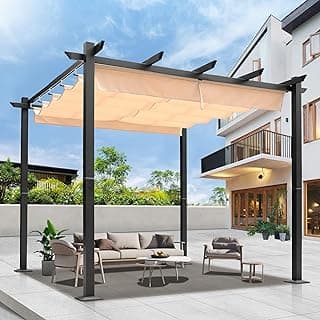 10‘x10’ Louvered Pergola, Retractable with Sun Shade Canopy Patio Pergola, Heavy Duty Aluminum Pergolas for Gardens, Pavilion Grill Gazebo, Backyards and Decks, Grape Trellis (Khaki)