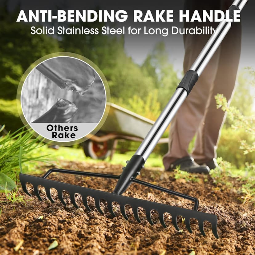 5.2FT Garden Rake, 16 Tines Metal Rakes with Adjustable Stainless Steel Handle, Bowrake for Lawns Heavy Duty Loosening Soil Farming Land Management, Gathering Leaf Yard Rake with Gloves