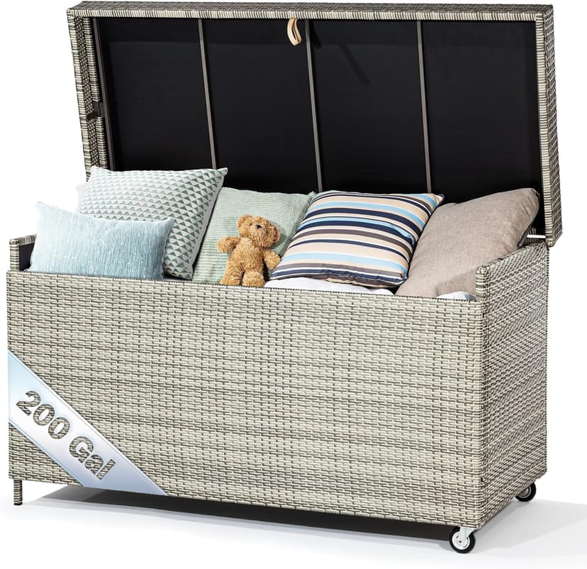 Idzo Outdoor Wicker Storage Box, 1000 Hours UV Wicker Cushion Storage Box for Patio Durable Against Weather, 200 Gallon Extra Large Deck Box, Soft-Close Hinge Included - Light Gray
