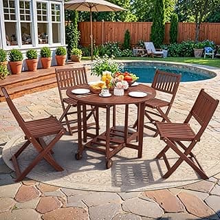 Greesum 5 Piece Patio Folding Furniture Bistro Set All-Weather Outdoor Conversation Round Table and Chairs for Pool Beach Backyard Balcony Porch Deck Garden, Dark Brown