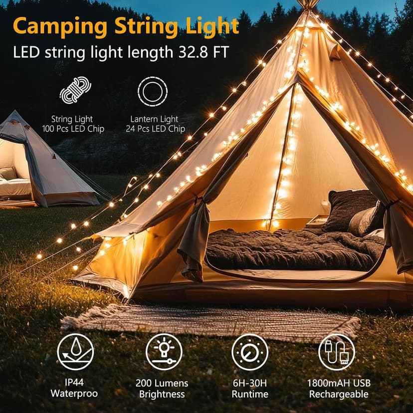 GHORA Camping String Light,32.8FT Rechargeable LED Lights with 8 Modes, Waterproof Portable Outdoor Tent Lights for Patio Garden Party Decor, Hanging Lanterns for Canopy Backyard Campground