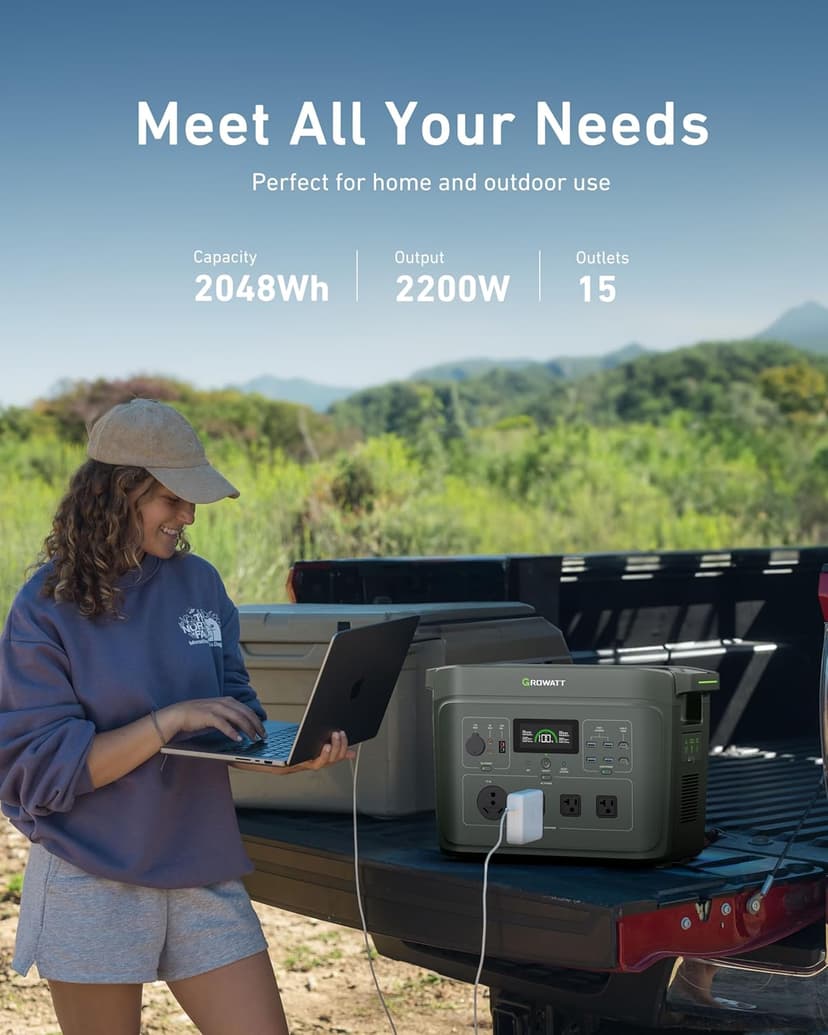 GROWATT Portable Power Station，Infinity 2000 Green Electric Solar Generator，2048Wh LifePO4 Battery,2200W AC Output for Home Use, Outdoor Camping, RVs and Emergency Backup(Solar Panel Optional)