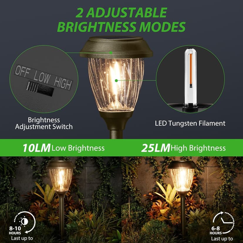 XMCOSY+ Solar Pathway Lights Outdoor, 10/25 LM in 2 Lighting Modes, Glass Stainless Steel Waterproof IP65 Solar Powered Garden LED Lights for Yard Lawn Driveway Walkway Landscape Decor(Warm White)
