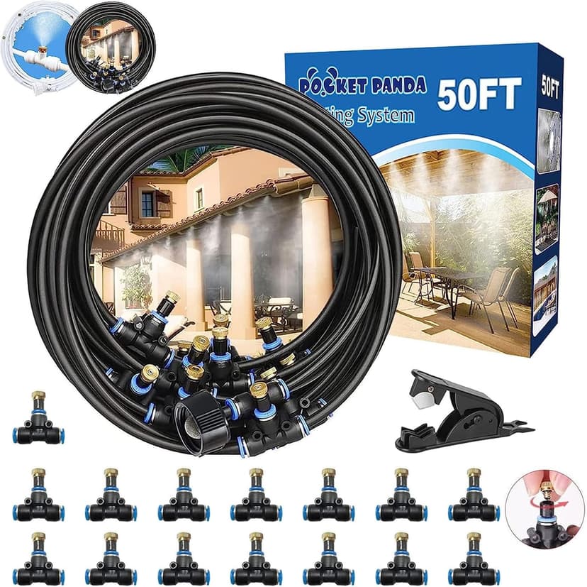 Misters for Outside Patio, Outdoor Water Misting Cooling System 50FT|15M. Backyard Mist Kit for Garden Greenhouse Fan Deck Umbrella Canopy Pool Porch Trampoline Sprinkler Park BBQ Party Accessories.