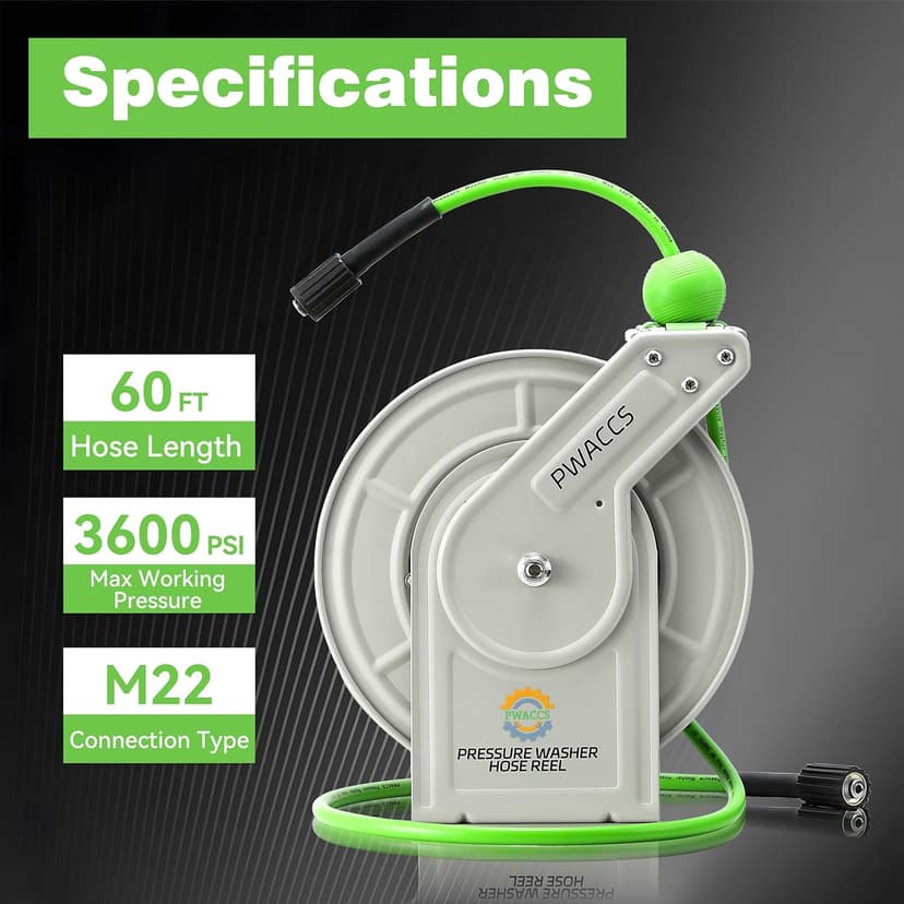 PWACCS Retractable Pressure Washer Hose Reel, 1/4" x 60ft Heavy Duty Power Washer Hose Reel, High Pressure Reel Auto Rewind, Wall/Floor Mounted, 3600 PSI