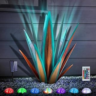Large Tequila Rustic Sculpture, Rustic Metal Agave Plants for Outdoor Patio Yard, Home Decor Hand Painted Metal Agave Garden Yard Statue, Outdoor Lawn Ornaments (Blue - L (W/Solar Light))