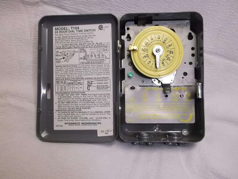Intermatic T104 Electromechanical Timer Switch - Proven Durability, 40A Load Capacity, Versatile Scheduling, 1-12 Cycles Per Day - Manual Override, Tripper Included for Reliable Time-Based Control