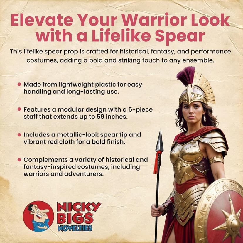 Nicky Bigs Novelties - Adult Plastic Spartan Spear, Roman Replica, Viking Spear Costume, Native American Weapons Roman Gladiator Woman and Men Spartan Halloween Costume