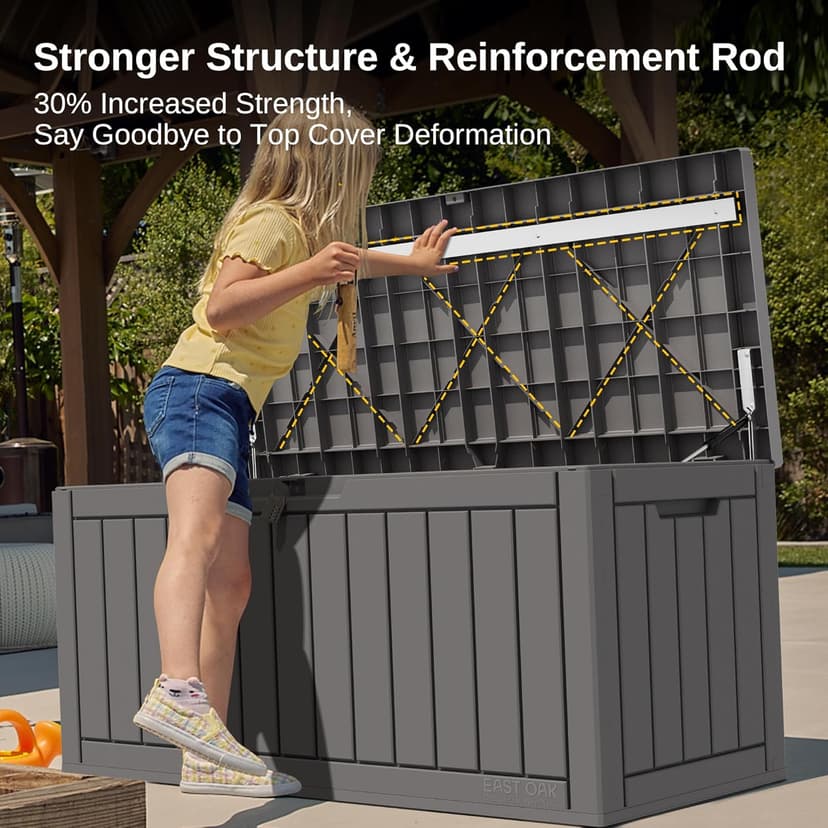 EAST OAK Outdoor Storage Box, 90 Gallon Deck Box, Waterproof Resin Storage Bin for Patio Cushions, Gardening Tools, Lockable, UV Resistant, Grey