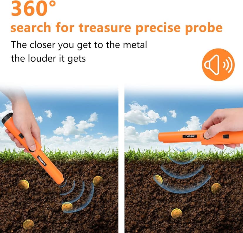 Metal Detector Pinpointing,Waterproof Pinpointer 360 Degree Search Gold&Treasure Finder with Belt Holster &LED Indicator& Buzzer Vibration, for Adults and Kids (Orange)