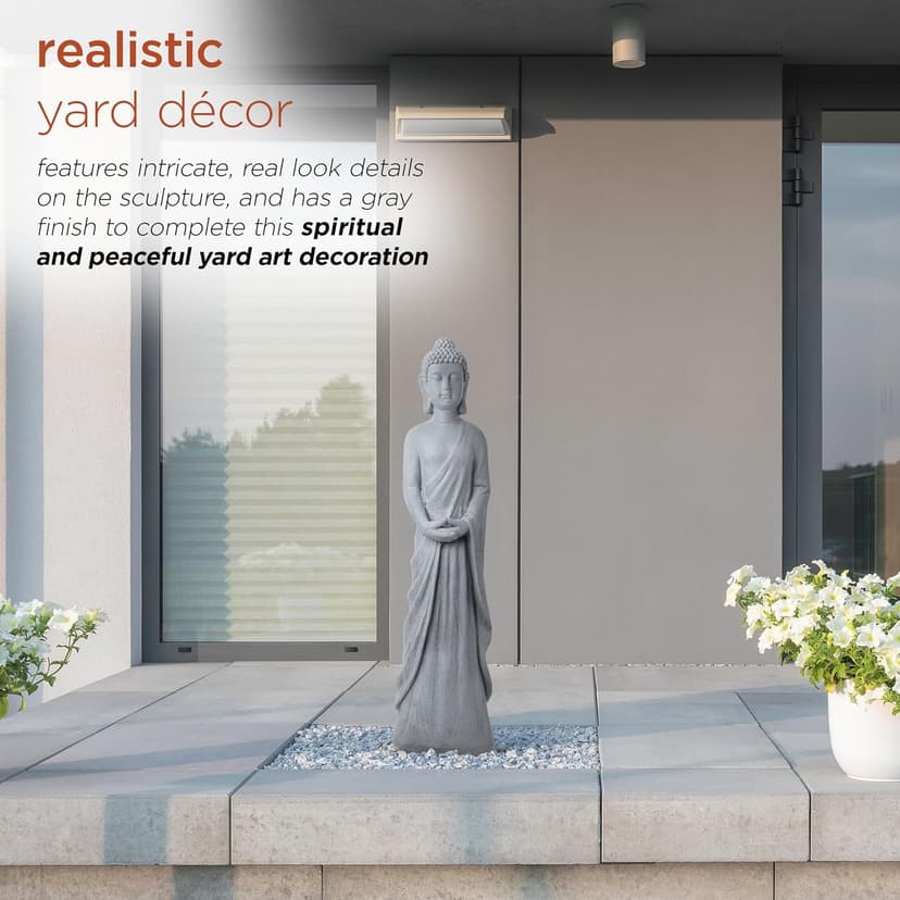 Alpine Corporation 32" Tall Cement Standing Buddha Outdoor Garden Statue, Gray