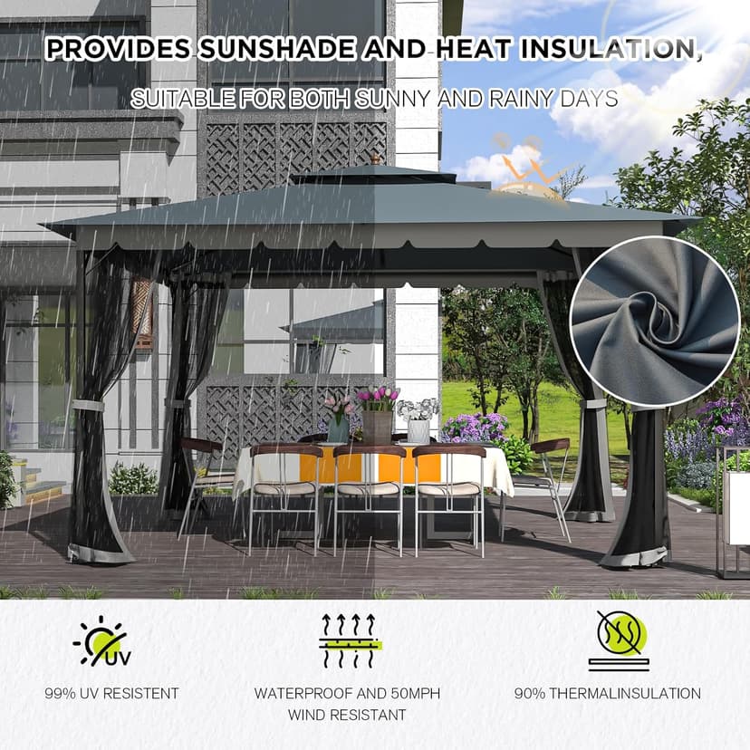 [Upgraded] 10x12 Gazebo with Mosquito Netting,Sturdy Metal Outdoor Patio Gazebo[Heavy Duty Frame],Gazebos Canopy Tent with Dual Air Roof,Patio Canopy Gazebos,Wind Resistant/Waterproof for Deck