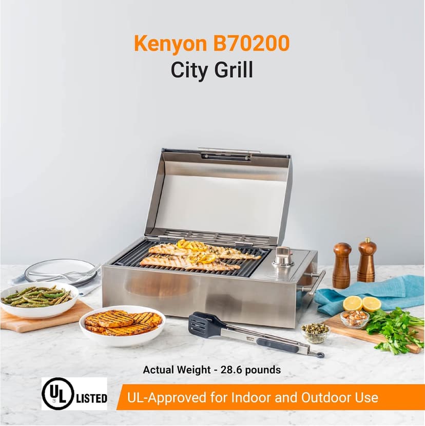 KENYON B70200 City Grill, Portable Grill, Stainless Steel, Single Burner, Knob Control, Faceted Lid, UL Approved For Use Indoors And Outdoors, Flame-Free, 120V