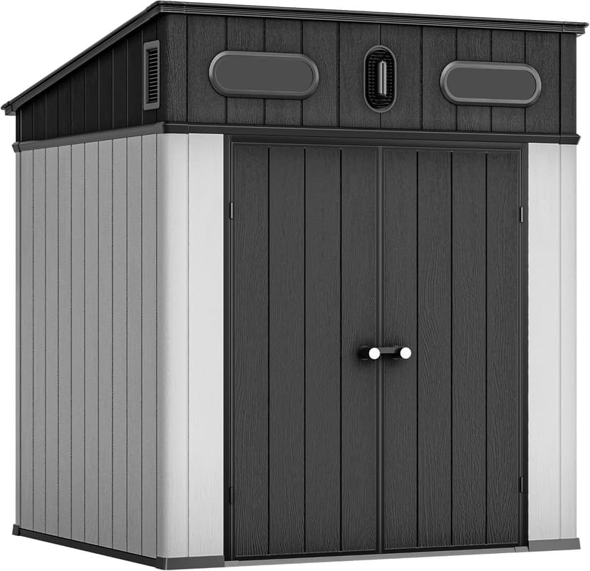 YITAHOME 6x6 FT Outdoor Storage Shed, All-Weather Resin Garden Shed with Windows, Vents and Lockable Double Doors for Garden Tools, Bikes, and Sundries, Waterproof, Gray