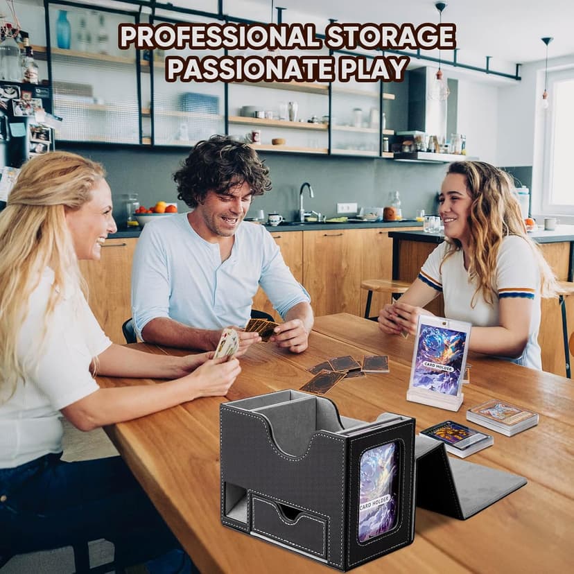 Flooyes MTG Commander Deck Box, Card Storage Box Fits 100 Double-Sleeved Cards, 35pt Card Brick, Dice Tray & Dice Pool, PU Leather Strong Magnet Card Deck Case for Magic Commander TCG CCG, Black/Grey