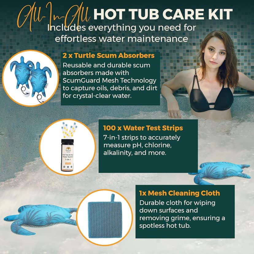 Hot Tub Scum Absorber Turtle ScumGuard Mesh - 2-Pack Oil & Scum Absorber for Spa, Hot Tub & Pool - Keeps Water Clear - Includes 100 x Hot Tub Test Strips & 2 Washable Turtle Absorbers