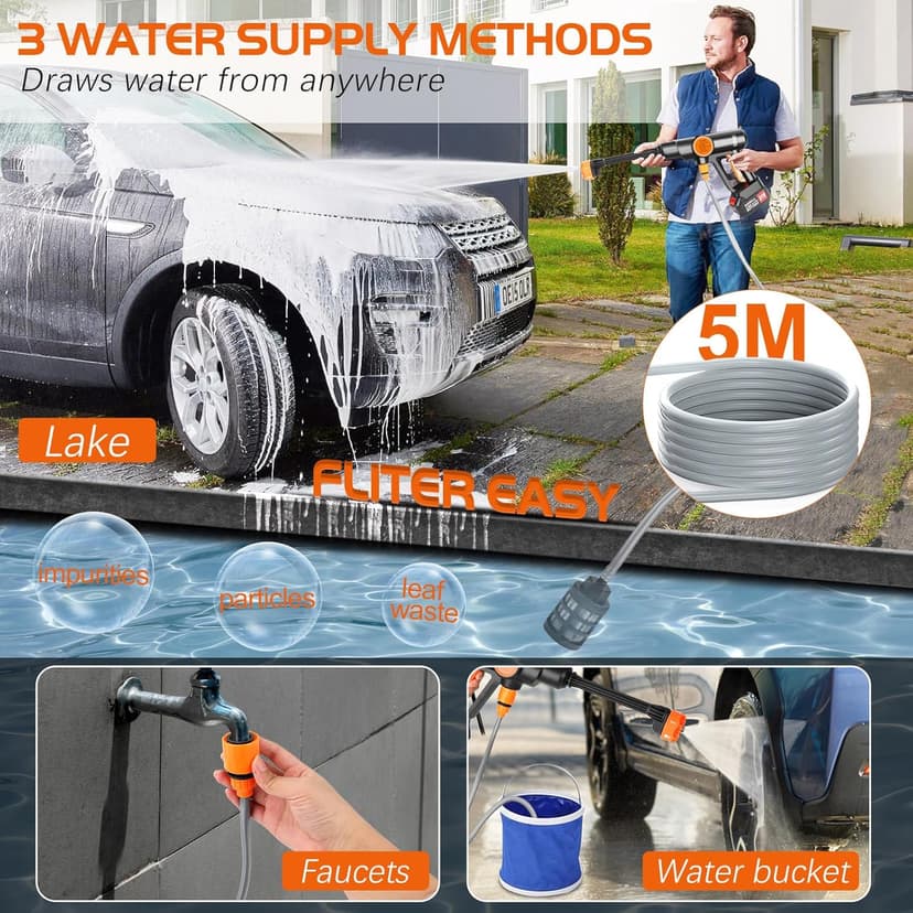 Lemolify 6000mAh Battery Pressure Washer, Electric Power Washer Cordless, Portable Car Pressure Washer Handheld with 6-in-1 Nozzle,17FT Drain Hose, Power Cleaner for Patio Floor Fence Deck,2 Battery