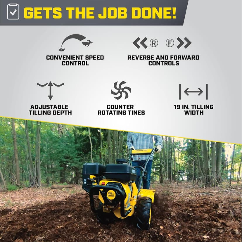 Champion Power Equipment 19-Inch Counter Rotating Rear Tine Tiller with Self-Propelled Agricultural Tires