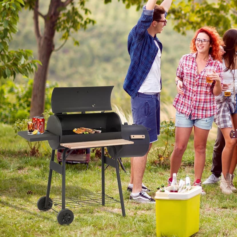 Outsunny 48" Portable Barrel Charcoal BBQ Grill, Steel Outdoor Barbecue Smoker with 232 Square Inches Cooking Space, Storage Shelf, Wheels for Garden Camping Picnic, Black