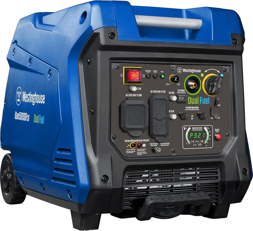 Westinghouse 5000 Peak Watt Super Quiet Dual Fuel Portable Inverter Generator, Wheel & Handle Kit, Gas & Propane Powered, RV Ready, CO Sensor, Parallel Capable