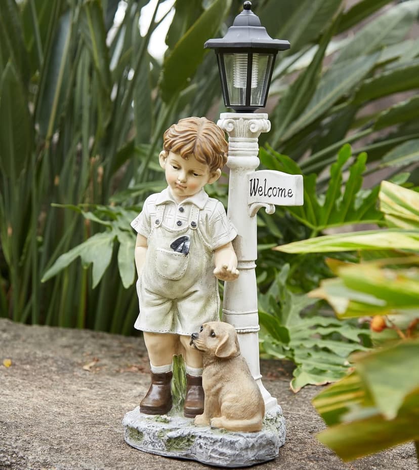 Solar Boy Statue Welcome Sign Garden Statues for Garden Decor, Porch, Lawn, Yard Art Decorations, Resin 23.2H inch