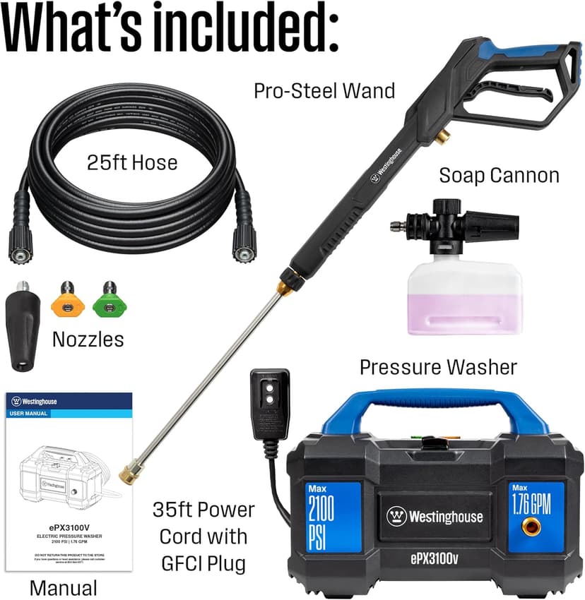 Westinghouse ePX3100v Electric Pressure Washer, 2100 Max PSI 1.76 Max GPM, Built-in Carry Handle, Detachable Foam Cannon, Pro-Style Steel Wand, 4-Nozzle Set, for Cars/Fences/Driveways/Home/Patios