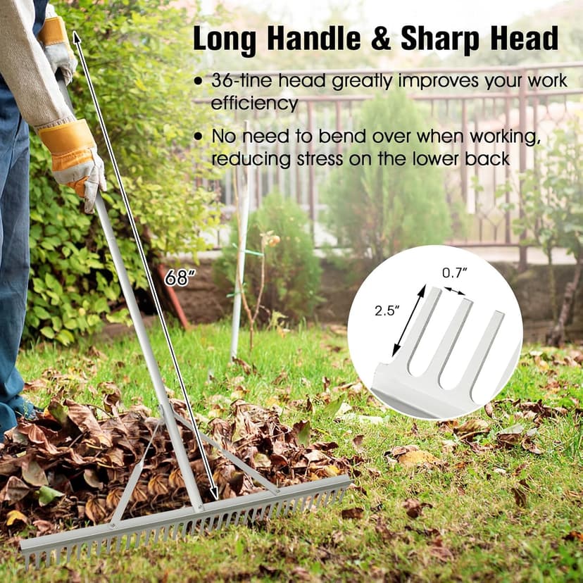 Goplus Landscape Rake 36 Inch, Aluminum Rake Head w/36 Tines and 68" Long Non-Slip Handle, Yard Rake Tool for Loosening & Leveling Soil, Landscaping Rake Beach Garden Lawn Care, Collecting Leaves