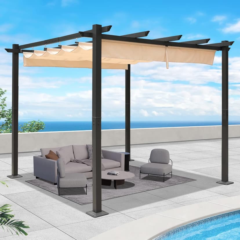10‘x10’ Louvered Pergola, Retractable with Sun Shade Canopy Patio Pergola, Heavy Duty Aluminum Pergolas for Gardens, Pavilion Grill Gazebo, Backyards and Decks, Grape Trellis (Khaki)