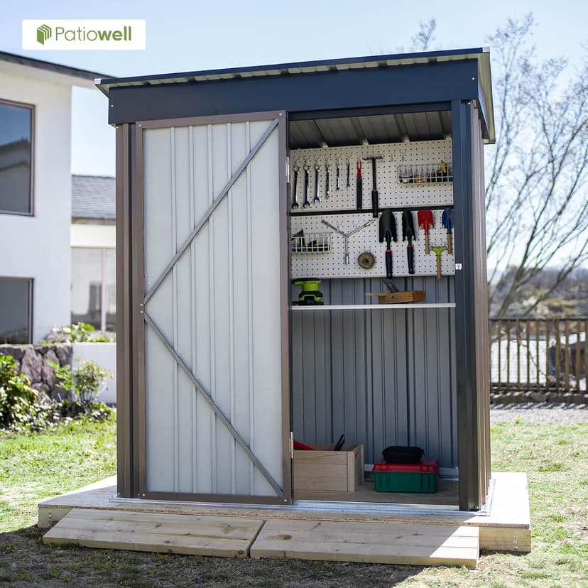 Patiowell 5x3 FT Outdoor Storage Shed, Tool Shed with Sloping Roof and Lockable Door, Metal Shed for Backyard Garden Patio Lawn, Brown