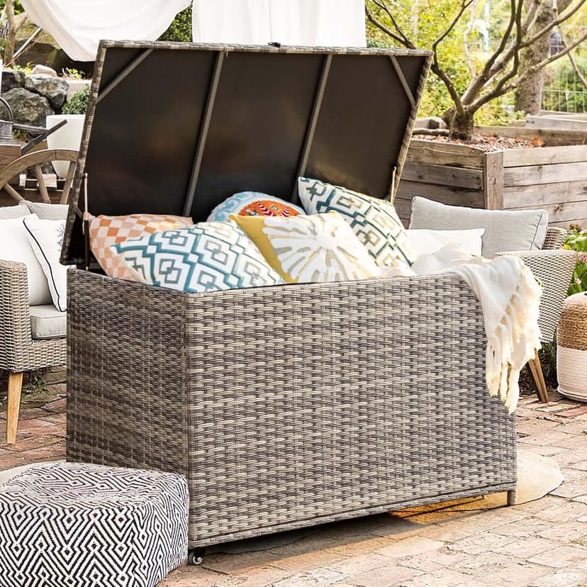 178 Gallon Outdoor Storage Box, Patio Deck Box with 2 Wheels, Handle Large Portable Wicker Rattan Deck Box for Patio Furniture Cushions, Throw Pillows, Garden Tools and Pool Floats (Gray)