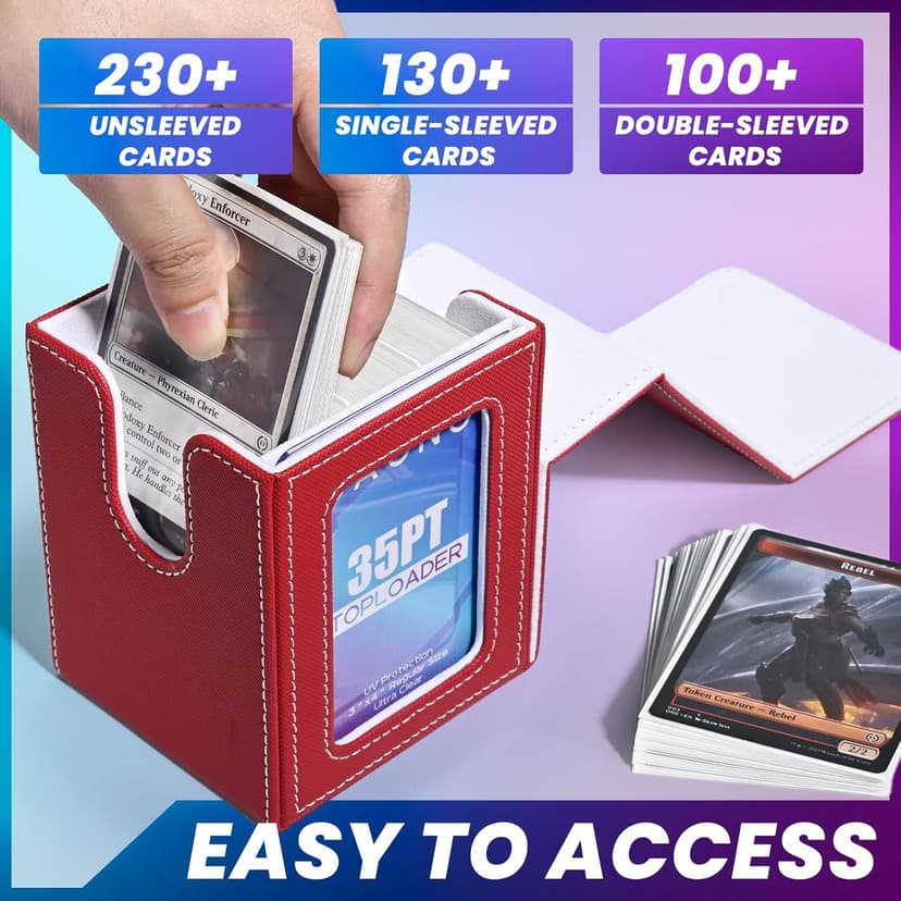Card Deck Box with MTG Commander Display, Deck Case Holds 100+ Double-Sleeved Cards, Storage Box Fits TCG/PTCG/Sports Card with 2 Dividers, 1 Toploader (Red, White)