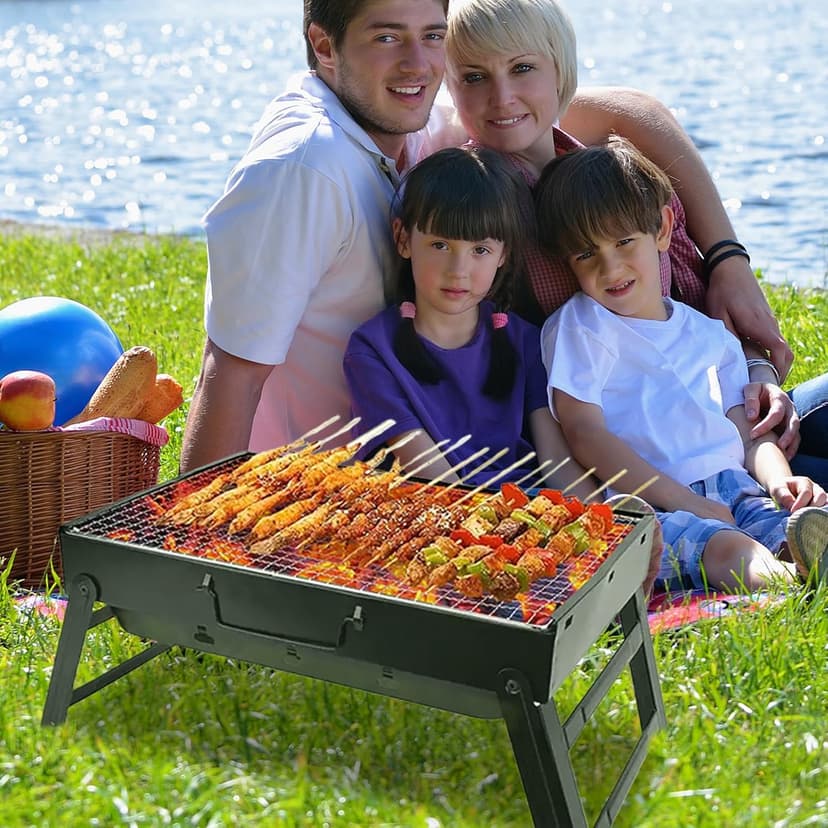 Portable Charcoal Grill for Camping Small Tabletop BBQ Grill for Picnic Trip Foldable Lightweight Barbeque Grill Set Including Tongs Skewers Basting Brush