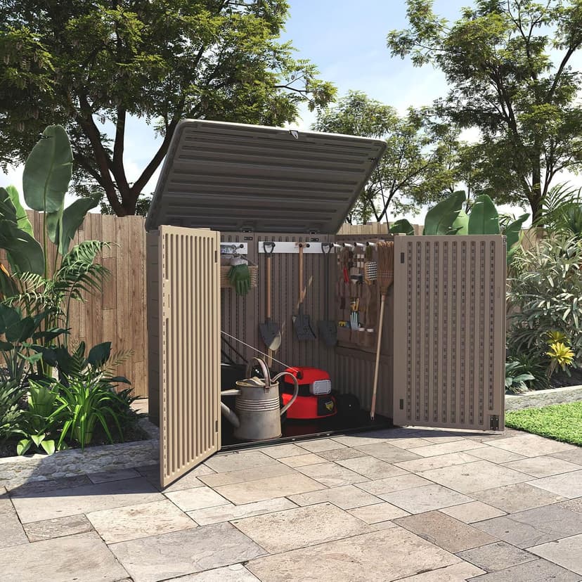 HOMSPARK Storage Shed Weather Resistance, Multi-Purpose Outdoor Storage Cabinet Waterproof, Outdoor Storage Cabinet for Bike, Garbage Cans, Lawnmower, Garden Accessories (coffee, Extra Large-48 cu ft)