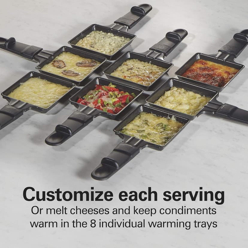 Hamilton Beach Electric Indoor Raclette Table Grill, PFAS-Free Serves up to 8 People for Parties and Family Fun, Includes 8 Warming Trays, Black (31612MN-MX), 200 sq. in. Nonstick Griddle